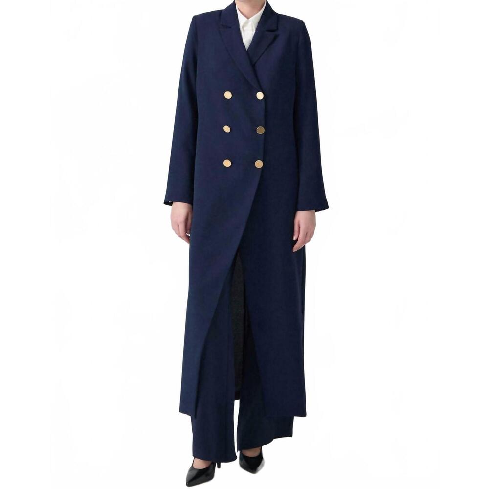 NEW TOUCHE PRIVE long crepe trench coat in navy blue